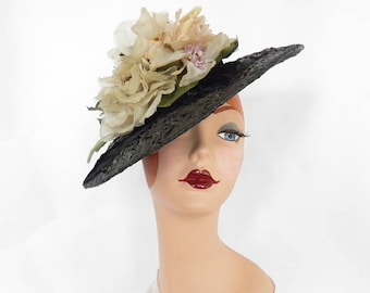 Woman's 1940s hat, vintage tilt, black straw ivory flowers