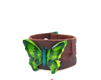 Leather Cuff~3D Butterfly Vintage Brooch Womens/Brown Leather~Green~Blue Butterfly Cuff Whimsical