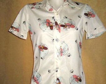 Blouse - Top Print Short Sleeve S - XS 70s Vintage
