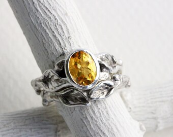 Citrine Leaf Twig Engagement Rings, Silver Twig Ring Set,Citrine Fine Jewelry