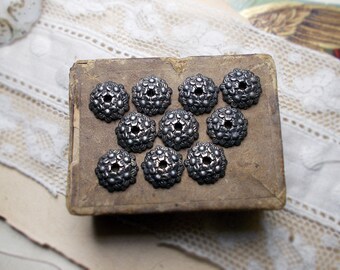Rustic Oxidized Bead Caps - 10 Dark Patina Silver Tone Bumpy Floral Disc Caps - 10mm - Age Worn Dark Primitive Flowery Beadcaps - weedle