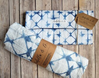 Gift Set, Indigo Shibori, New Baby, Newborn, Baby Boy, Baby Girl, Baby Shower Gift, Unisex, Organic Swaddle,Diaper Clutch, Modern Baby