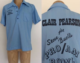 1970's Polyester Blue Bowling Tee Vintage Men's Shirt Size Large by Maeberry Vintage