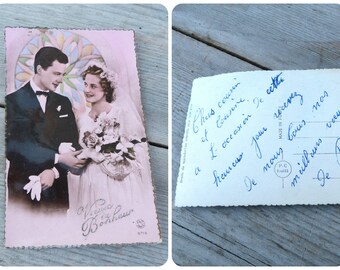 Vintage 1940/40s Voeux de Bonheur Wedding French fancy postcard