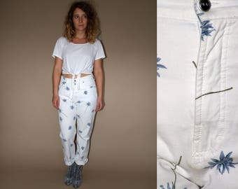 80's vintage women's white high waist flower patterned classic pants/jeans