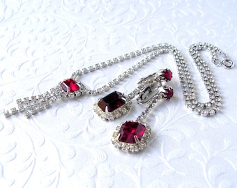 Red Rhinestone Necklace Waterfall Chain Fringe Dangle Drop Clip Earrings Vintage Costume Jewelry Mix 2 Pc Set Pageant Ballroom Formal Siam