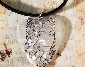 Fantasy Fairy Guitar Pick Pendant Necklace with Dragonfly Charm