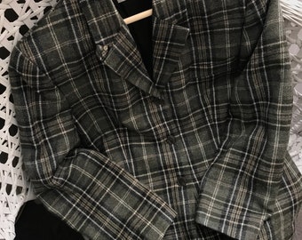 Vintage 80s Plaid Dark Green Pure Wool Blazer