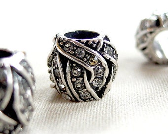 5pc - Crystal Rhinestone Wrapped Silver Spacer large hole Bead, 10mm long x 10mm diameter, hole measures 5mm across, package of 5