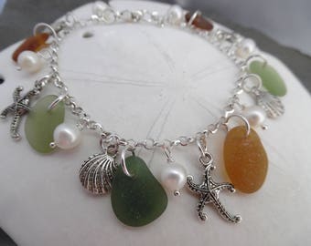 Starfish Autumn Sea Glass Charm Bracelet Shell Pearl Beach Jewelry Sterling 7 8 Inch Amber Green