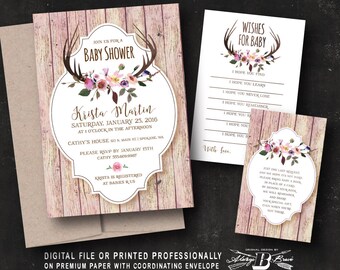 Rustic Baby Shower Invitation SET | Boho Baby Shower Invitation | Printed Invite or Printable Digital File | Deer Baby Girl Invitation Set