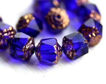 8mm Dark Blue cathedral beads, czech glass golden ends round fire polished ball beads - 15Pc - 1583