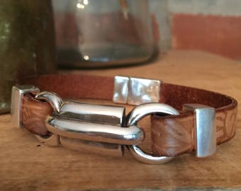 Embossed Camel Leather Bracelet with Silver Metal Focal Piece - Men's or Women's: Magnetic Clasp
