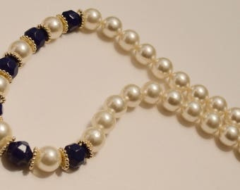 Vintage imitation pearl and blue bead necklace