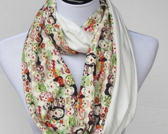 Frida Kahlo scarf, Frida infinity scarf, skulls scarf, reversible ivory white scarf, Amor scarf, loop scarf, gift for women and teen girls