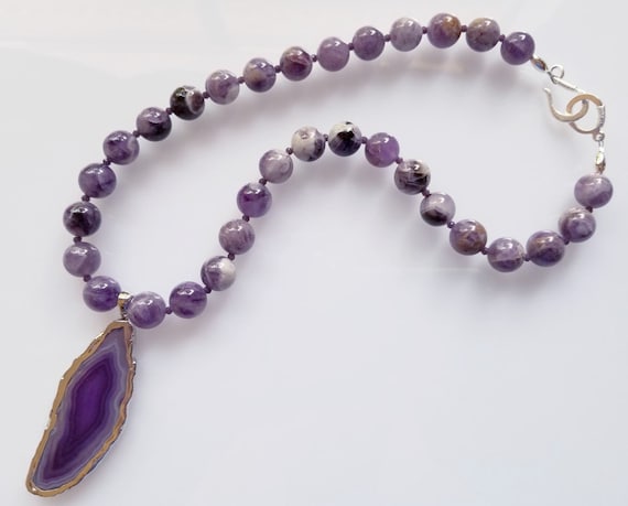 Banded Amethyst Necklace, Amethyst Necklace, Purple Necklace, Chunky Necklace, Pendant Necklace