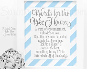 Baby Shower Games Words For The Wee Hours Words of Wisdom Late Night Diapers - Baby Blue Silver Glitter Printable Baby Boy Shower Game Ideas