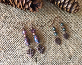 Heart earrings/ copper verdigris earrings/ earrings /jewelry/ copper jewelry/rustic earrings/ unique jewelry/ drop earrings/ dangle earrings