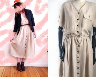 Vintage SILK Dress betty Barclay 90sbutton down short sleeve summer dress beuge sand natural style color an