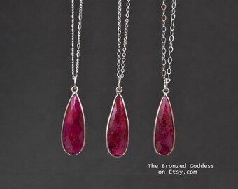 Rich Ruby Pendant Necklace Red Ruby Ruby Necklace July Birthstone Silver Ruby Necklace for Her Long Silver Necklace