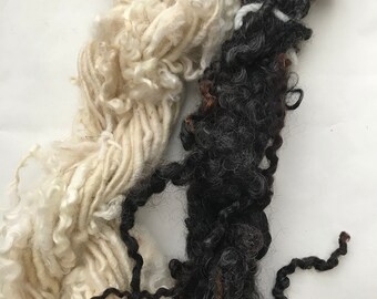 2 mini-skeins of handspun art yarn - tailspun British Wensleydale locks, natural creamy white and shiny brown
