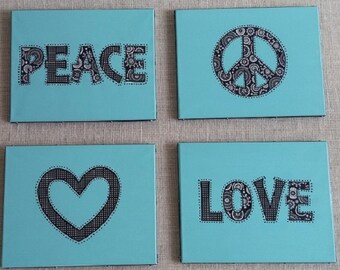 Peace and Love 4 Piece Canvas Art in Blue with Black, White and Silver Paper Teen Canvas Art Teen Decor