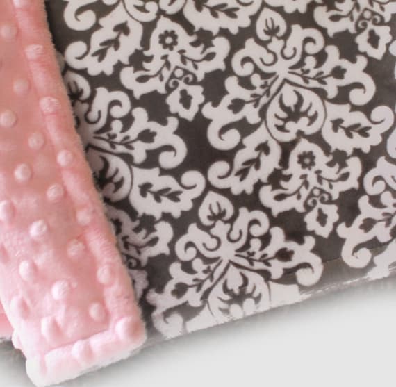Personalized Blanket - Pink Gray Damask Blanket - Girl Lovey Blanket or Tag Blanket / Mini Baby Blanket Girl // Minky Blanket / Baby Gift