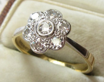 Old Cut 0.71 Carat Diamond Daisy Flower Engagement Ring 18 Carat Gold