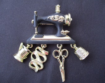 Vintage Danecraft Sewing Machine Brooch with dangle charms