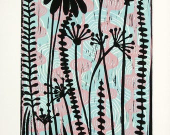 linocut print, Meadow, sky blue, pink, lavender, flowers, pods, seeds, nature, printmaking, home interior, contemporary art, purple