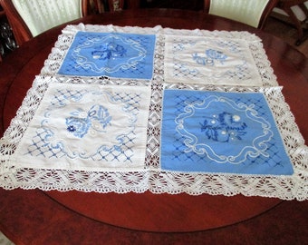Vintage Hand Embroidered Tablecloth, Beautiful tablecloth,blue and white,