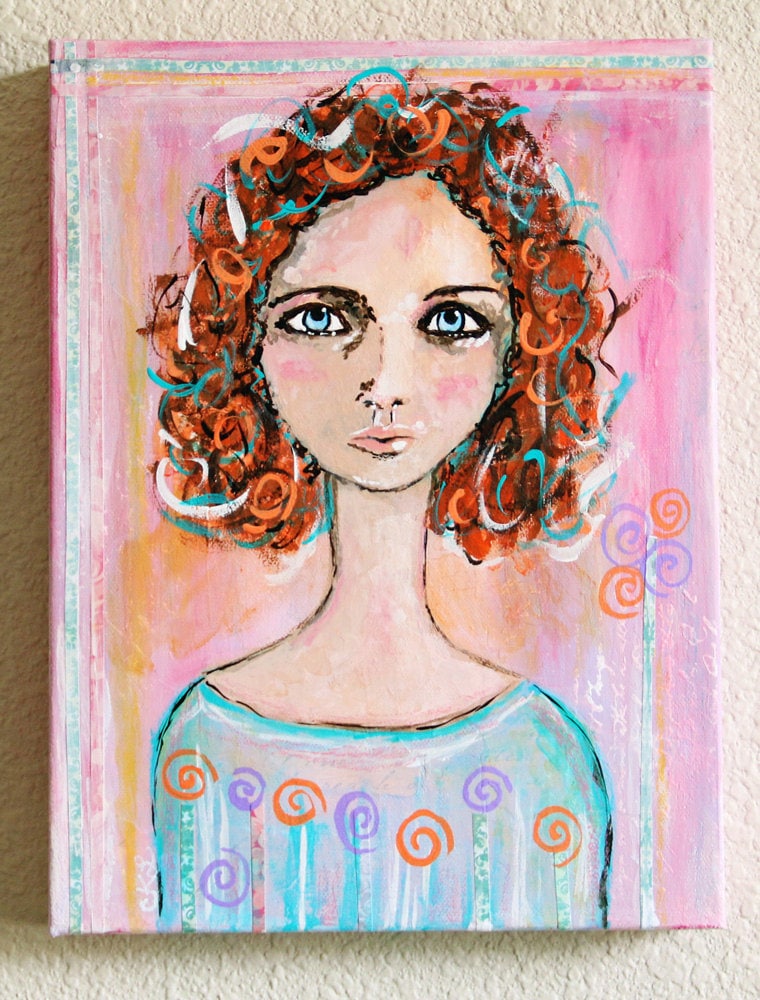 Girl With Red Curly Hair Original Mixed Media Art Original