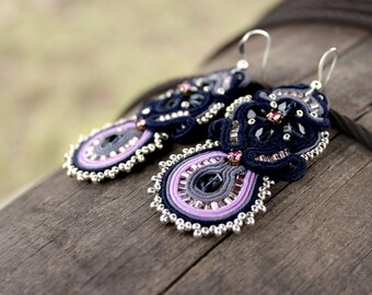 Statement jewelry | Navy blue earrings, Soutache earrings, Blue dangle earrings, Purple earrings Embroidered Violet seed bead earrings, Prom