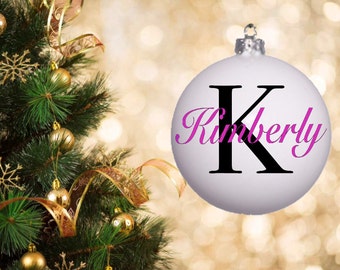 Custom Christmas Tree Ornaments - Vinyl Decal Designs - 4" White Glass Ornament - Monograms - 1st Christmas - Etc. - Many Colors & Fonts