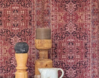 Bohemian Persian Rug Inspired Burgundy and Taupe Wallpaper R4704