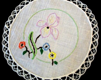 Vintage Linen Doily Hand Embroidered Iris