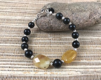 African Yellow Opal, Black Onyx and Karen Hill Tribe Sterling Silver Beaded Bracelet