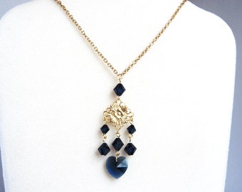 Gold Filigree Necklace, Fancy Filigree Pendant with Dark Blue Crystal Heart, Dark Blue and Gold Pendant Necklace, Fashion Necklace