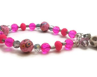 Pink Dia de los Muertos/Day of the Dead Beaded Bracelet