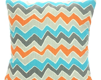 SALE Orange Aqua Gray Chevron Decorative Throw Pillow Covers, Cushions, Orange Aqua Grey Cream, See Saw Couch Bed Sofa 12 x 16 or 12 x 18