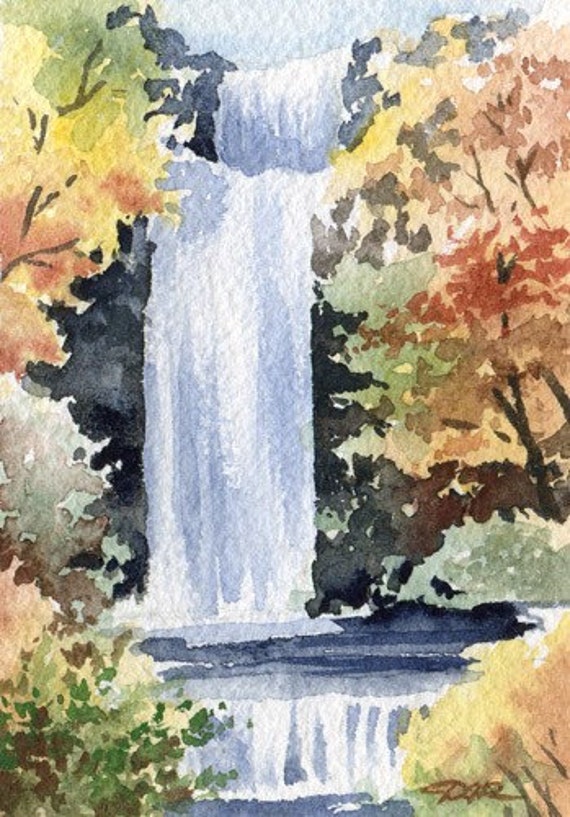 WATERFALL Watercolor Signed Fine Art Print by Artist DJ