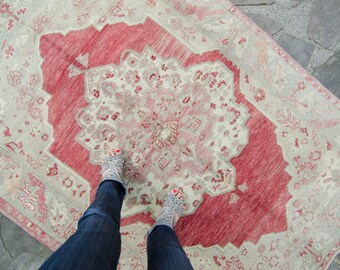 Vintage Anatolian 6'4" x 4'6" Faded Oushak Rug Wool Low Pile Oushak Rug / Runner - FREE DOMESTIC SHIPPING