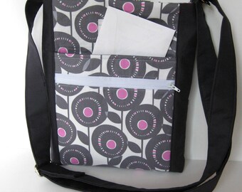 Orchid and dark gray crossbody purse with pockets and adjustable straps