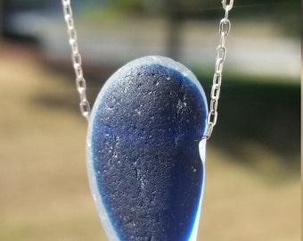 Heavy Large Sterling Silver Pendant Blue Mlti Sea Glass Summer Authentic Seaham Sea Glass Woman Necklace Sterling Silver .925