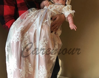 Stunning Alencon Lace Christening Gown, Baptism dress, Girls Christening Gown set with champagne/pink underlay