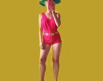 vintage PINK swimsuit swimming costume 50s fifties Marilyn Monroe Pin up Rockabilly 10 - 12