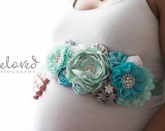 Aqua Mist Dream Maternity Sash, Blue, Aqua Mint, Teal, Mint Maternity Belt, Belly Sash, Belly Band, Gender Reveal Maternity Belt