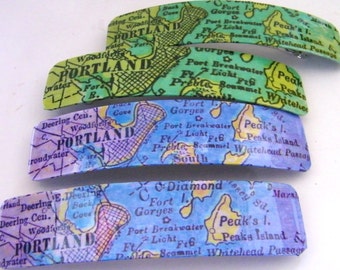 Portland Maine Barrette 4.5"-Jumbo Clip-Vintage Chart Graphics-Casco Bay