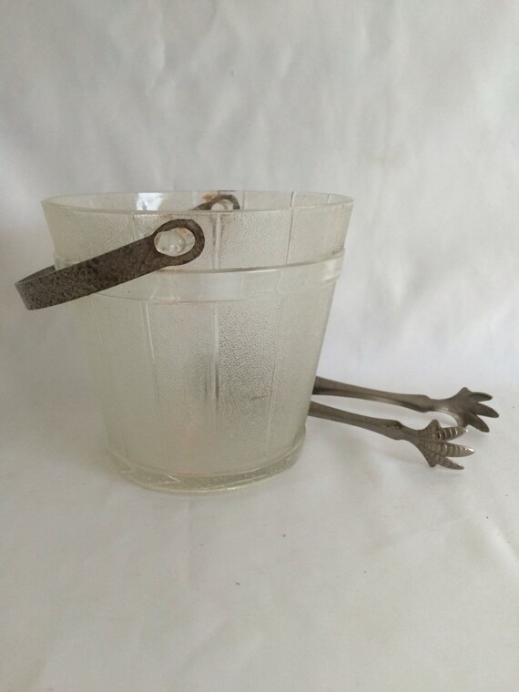 Glass Barrel Ice Bucket and Hammered Aluminum Claw Ice Tongs