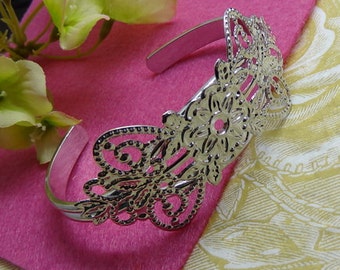 CB-04-01-Si 2pcs Silver Plated Brass Filigree Cuff Bracelet, Nickel Free